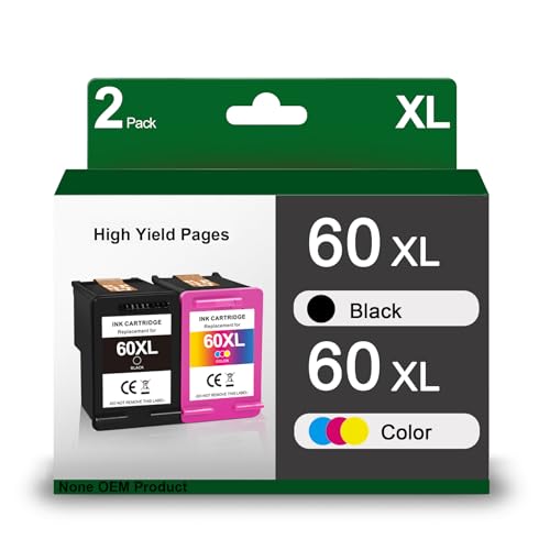 60XL Ink Cartridges Replacement for HP 60 XL 60XL Combo Pack for HP Envy 100 110 120 Photosmart c4680 c4780 c4795 d110 Deskjet d2680 f2430 f4280 f4440 f4480 f4580 Printer (1 Black, 1 Color)