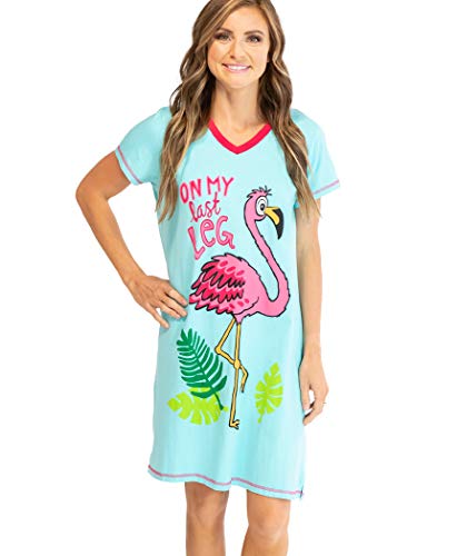 Lazy One Women's Nightgown, Funny V-Neck Sleep Shirt for Women, Flamingo PJ Tee (On My Last Leg, S/M)