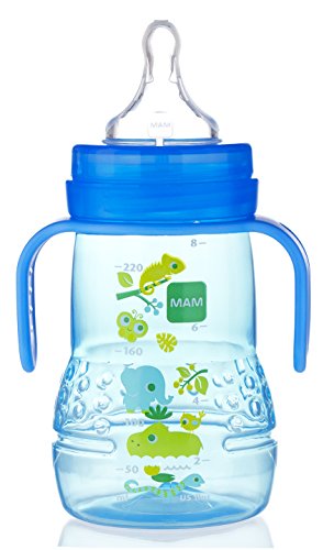 MAM Plastic Trainer Cup (1 Count), Trainer Drinking Cup with Extra-Soft Spout, Spill-Free Nipple, and Non-Slip Handles, for Boys 4+ Months, Eight Ounces, Designs May Vary