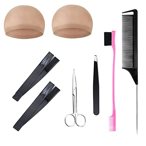 Brkmolfe 8 Pieces Wig install kit Edge Laying Scarf 2 x Elastic Melt Band, Edge Brush, Eyebrow Tweezers, Hair Cutting Scissors, 2 x Wig Caps, Pintail Comb for Women Lace Frontal Wigs