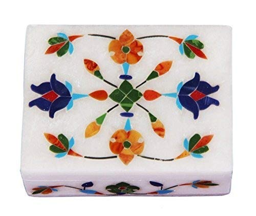 Floral Symmetry Marble Inlay Jewelry Box Gorgeous Handmade Organizer Trinket Box (4 X 3 inch) with Floral Inlay - Shiny Decorative Marble Ring Box Inlay Art - Unique Art work Great Birthday Gift
