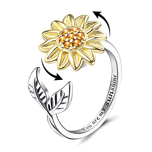 Jewenova Sterling Silver Sunflower Fidget Ring for Girls, You Are My Sunshine Stress Relieving Ring, Christmas Jewelry Gift For Women Teen Girls