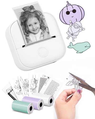 Memoking Mini Portable Sticker Printer - T02 Pocket Printer with 3 Rolls Paper, Bluetooth Picture Printer for Children Birthday, Receipts, Compatible with Phone & Tablet, White