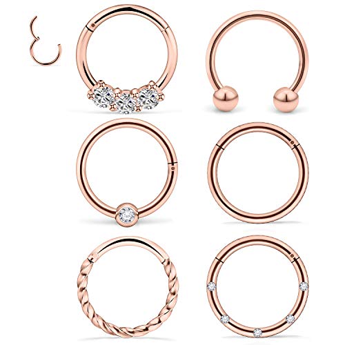 Dyknasz Septum Jewelry 16G Surgical Steel Nose Rings Hoop Septum Clicker Ring with Clear Diamond CZ Cartilage Tragus Helix Earring Piercing Jewelry for Women Men 10mm (3/8') Rose Gold