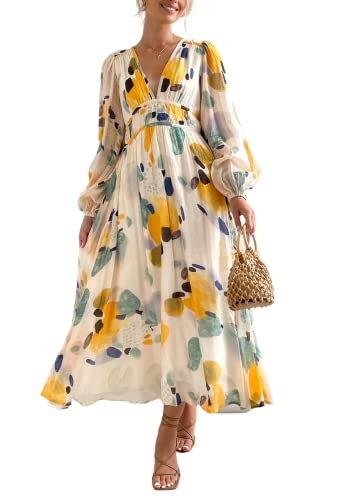 Sissyaki Women's Long Sleeve Boho Floral Maxi Dress Smocked Beach Flowy Dress Yellow-Watercolour M
