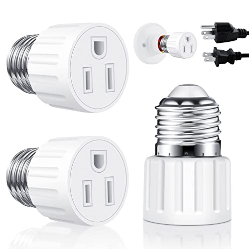 2 Packs E26/E27 3 Prong Light Socket to Plug Adapter, Polarized Screw in Outlet for Light Socket Adapter Outlet 3Prong Light Bulb Socket Adapter Fit for 2/3Prong Convert, for Porch Patio Garage, White