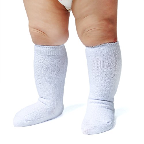 Epeius Unisex-Baby 3 Pair Pack Seamless Cable Knit Knee High Socks Toddler Boys/Girls Uniform Stockings for 12-24 Months,White