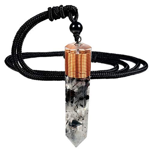 Nupuyai Orgone Healing Crystal Point Pendant Necklace for Women Men, Spiral Hexagonal Faceted Stone Pendant with Adjustable Cord 18-24 Inches, Black Rutilated Quartz