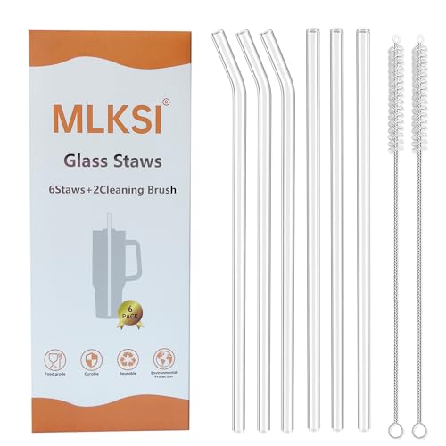 MLKSI Replacement Glass Straws for Stanley Cup Accessories, 6 Pack Reusable Straws with Cleaning Brush Compatible with Stanley 40oz Stanley Cup Stanley Water Jug