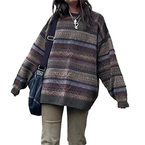 Women Y2K Argyle Striped Pullover Sweater Casual Long Sleeve Round Neck Vintage Preppy Style Pullover Knitwear(Gray-1,L)