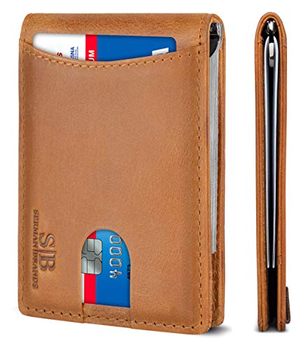 SERMAN BRANDS RFID Blocking Slim Bifold Genuine Leather Minimalist Front Pocket Wallets for Men with Money Clip Thin Mens (California Desert 1.0)
