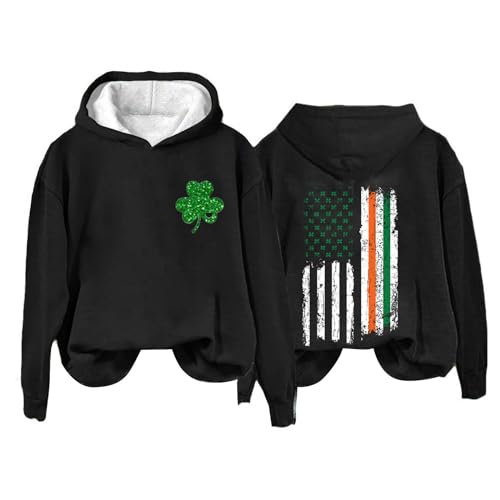 lightweight hoodie women Women's St. Patrick's Day American Flag Print Sweatshirt Shamrock Graphic Casual Tops Clover Long Sleeve Pullover (07-Black, L)
