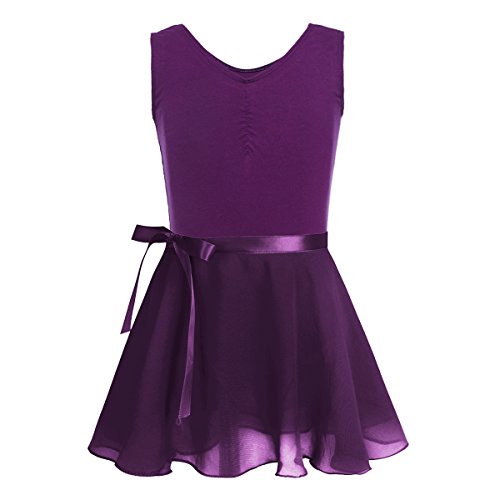 FEESHOW Girls Basic Gymnastics Ballet Dance Tank Leotard Dress with Attached Tutu Skirt Set Dark Purple 10-12
