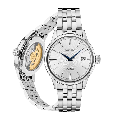 SEIKO SRPB77 Automatic Watch for Men - Presage Cocktail Time - Patterned Silver Dial with Gloss Finish, Date Calendar, 50m Water-Resistant