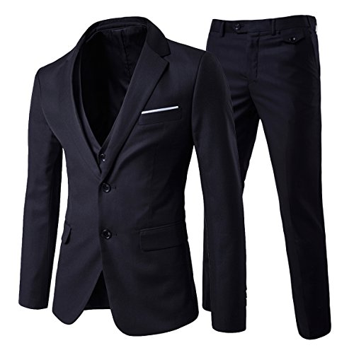 Mens Modern Fit 3-Piece Suit Blazer Jacket Tux Vest and Trousers,Black,Medium