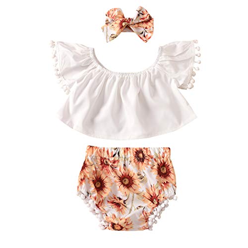Infant Baby Girls Summer Outfit Off Shoulder Flying Sleeve Crop Top Sunflower Shorts Bow Headband 3 Piece Set Clothes (White, 3-6 Months)