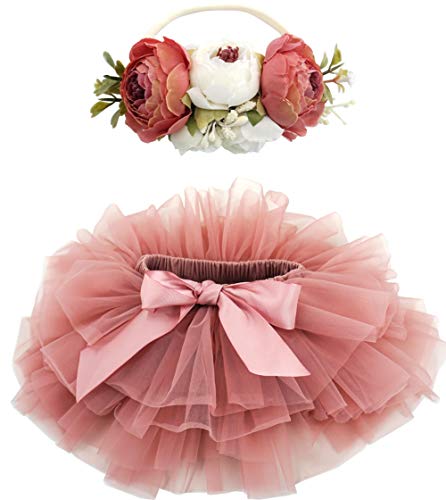 BGFKS Baby Girls Soft Fluffy Tutu Skirt Sets For Toddler with Diaper Cover & Flower Headband Dusty Rose