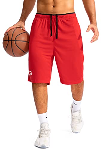 Men's Basketball Shorts with Zipper Pockets Lightweight Quick Dry 11' Long Shorts for Men Athletic Gym(Red,L)