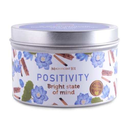 Magnificent 101 Positivity Aromatherapy Candle in 6-oz. Tin Holder: 100% Natural Soy Wax with Palo Santo & Lotus Flower Essential Oils and Pure Sage Leaves; for Intention Setting & Energy Cleansing