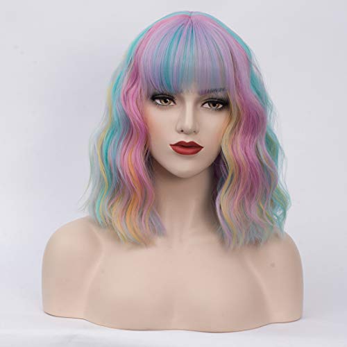 Cying Lin Short Bob Wavy Curly Wig Rainbow Air Bangs Wig For Women Cosplay Halloween Wigs Heat Resistant Bob Party Wig (Rainbow)