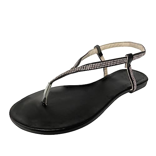 Women's Elastic Strap Flat Sandals Open Toe Sandal Roman Style Casual Breathable Sandals Non Slip Shoes Summer Beach Sandal 03_Black, 8