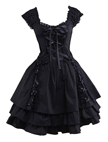 Ainclu Womens Classic Black Layered Lace-up Goth Lolita Dress S