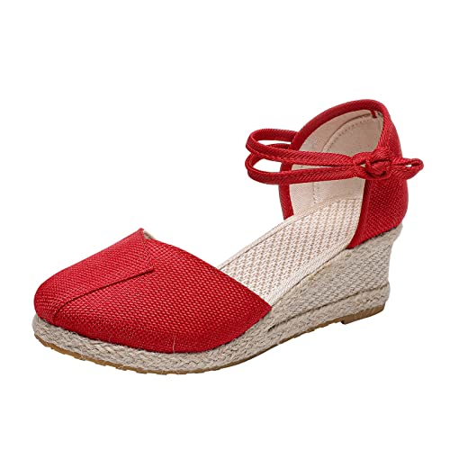 Shengsospp Weave Round Toe Espadrilles Wedge Sandals Comfortable Breathable Sandals Platform Sandals Low Heels Summer Wedges Shoes Beach 02_Red, 7.5