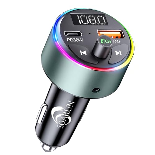 Bluetooth 5.3 FM Transmitter Car Adapter - SOARUN Fast Car Charger 54W [PD 36W & QC3.0 18W], Wireless FM Radio Transmitter, 9 Colors LED Backlit, Hands-Free Calling