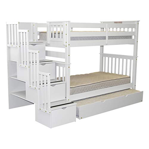 Bedz King Tall Stairway Bunk Beds Twin over Twin with 4 Drawers in the Steps and a Twin Trundle, White