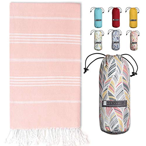 BAY LAUREL Turkish Beach Towel with Travel Bag 39 x 71 Quick Dry Sand Free Lightweight Large Oversized Beach Towel Turkish Towels Light Beach Towel Travel Towels (Powder Pink)