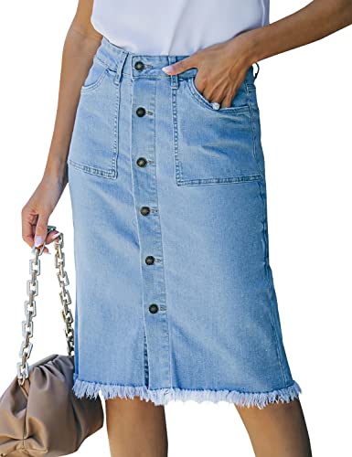 luvamia Women's Casual Mid Rise Button Down Frayed Raw Hem Stretchy Denim Midi Skirt Jean Skirt Light Blue Size Medium
