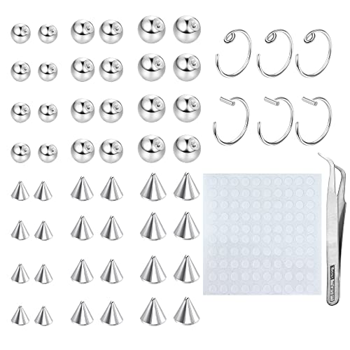 TEN MIRO Fake Eyebrow Ring Fake Lip Labret Studs Replacement Balls Spike with 100Pcs Sticker Non-Piercing Nose Rings Hoop Body Jewelry Skin 3MM 4MM 5MM(Silver)