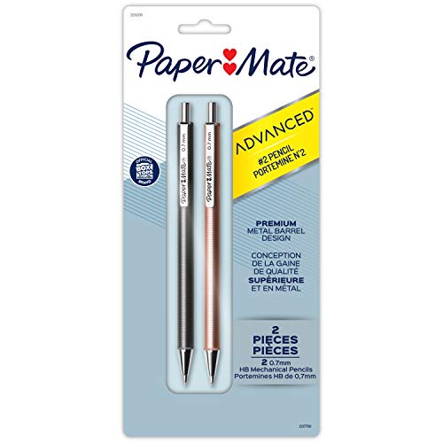 Paper Mate Advanced Mechanical Pencils 0.7mm, 2 Pencils, Premium Metal Pencil Barrel, Office Supplies, Drafting Pencils, Aesthetic School Supplies, Gun Metal Gray and Rose Gold, 2 Count