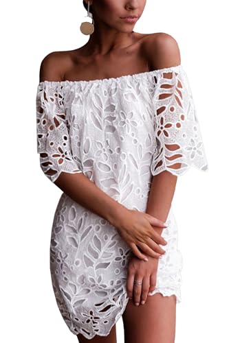 PRETTYGARDEN Women's Summer Off Shoulder Vintage Floral Lace Flare Short Sleeve Loose Elegant Mini Dress (White,Medium)