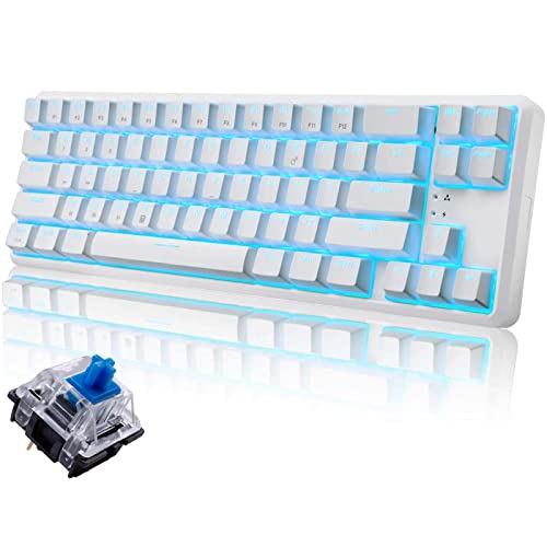 Wireless 60% Mechanical Gaming Keyboard,Ultra-Compact Blue Backlit keyboard Bluetooth 4.0 Tepy C Wired/Wireless Blue Switches Computer Keyboard for Multi-Device iPhone Android Mobile PC Laptop(White)