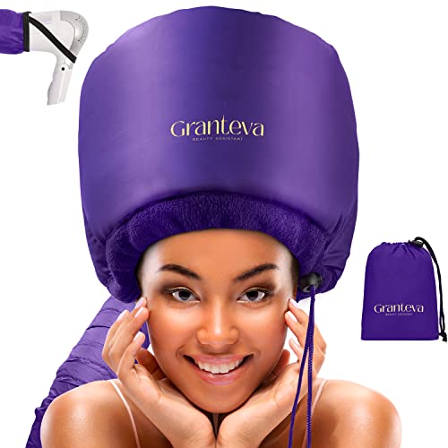 Bonnet Hair Dryer w/A Headband Integrated That Reduces Heat Around Ears & Neck - Hair Dryer Diffuser Cap for Hair Dryer Curly Hair, Speeds Up Drying Time, Deep Conditioning at Home - Large (Purple)