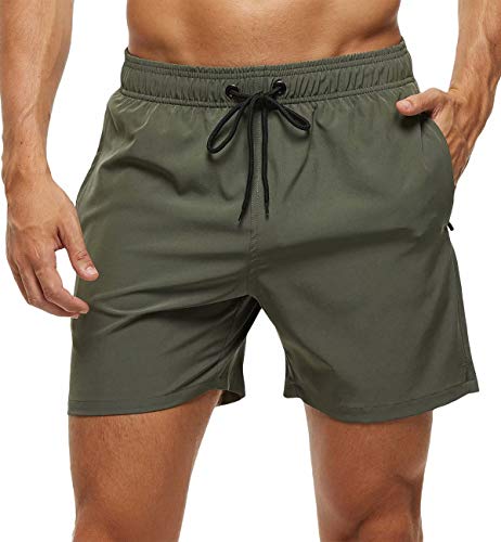 Tyhengta Men's Stretch Swim Trunks Quick Dry Beach Shorts with Zipper Pockets and Mesh Lining ArmyGreen 38