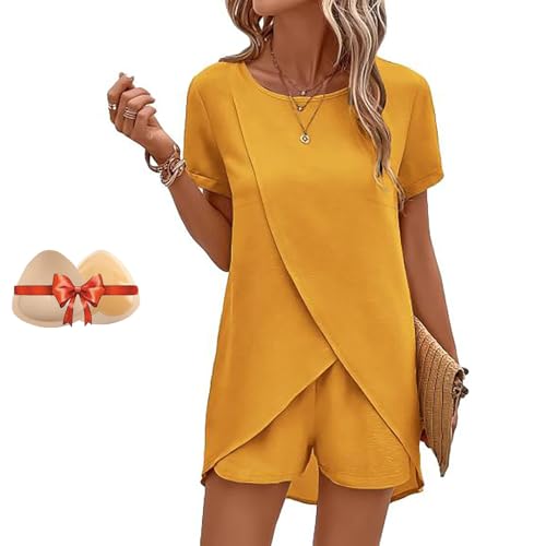 dosidolo Keppal Womens Clothing 2piece Sets, Two Piece Sets Shorts Womens 2 Piece Outfits Summer Older Women (Yellow, Large)