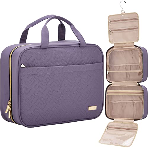 NISHEL Travel Toiletry Bag for women, Portable Hanging Organizer for Full-Sized Shampoo, Conditioner, Brushes Set, Travel-Size Accessories, Purple