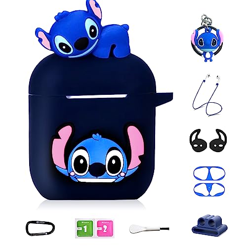 Stitch Cartoon Case for Apple Airpod 2nd 1st, 8 in 1 Accessories Set Protective Cover,3D Anime Designed Silicone Case/Stitch Keychain/Metal dust Sticker/Anti-Lost Rope.The Best Gift