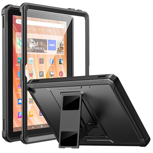 MoKo Case Fits All-New Amazon Kindle Fire HD 10 Tablet(13th Generation,2023 Release) 10.1'-[Heavy Duty] Full Body Rugged Cover Stand Case for Fire Tablet 10 2023 with Built-in Screen Protector, Black