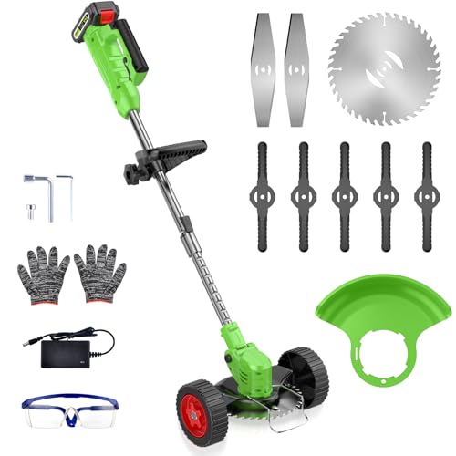 Cordless Lawn Trimmer Weed Wacker - Apiuek 21V Lawn Mower Grass Edger with One 2.0Ah Li-Ion Battery Powered & 3 Cutting Blade Types, Compact Power Tool for Lawn Yard Work