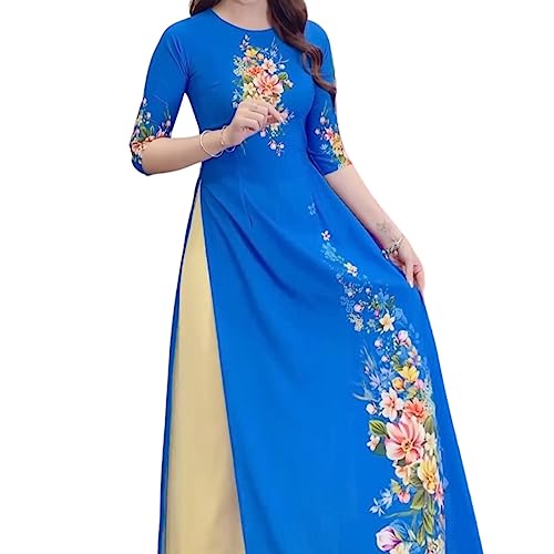 Vietnamese Traditional Ao Dai, Soft Japanese Silk Material, Comfortable Stretch, 3D Printed Pattern (L)