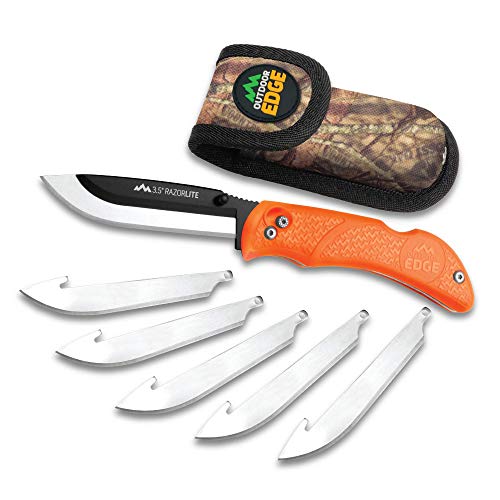 Outdoor Edge RazorBlaze, RB-20, 3.5' Replaceable Blade Folding Hunting Knife, Non-Slip Rubberized TPR Handle, Mossy Oak Nylon Sheath (Blaze Orange)