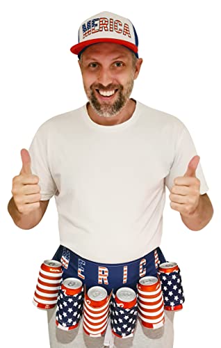 HandinHandCreations USA Merica Beer Belt Drink Holder And Merica Cap - All American Classic Party Costume - July 4th Country Party Beverage Holder