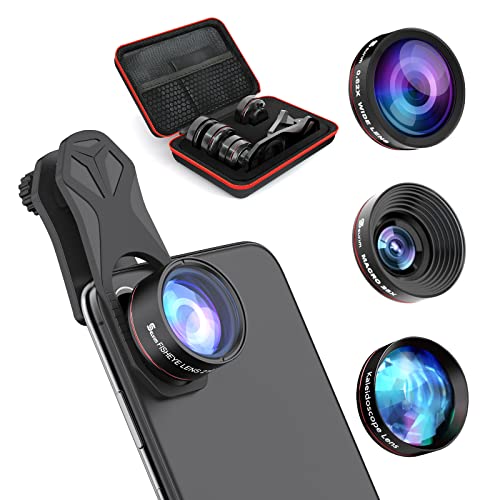 Selvim Upgraded Phone Camera Lens 4 in 1 Kit: 235°Fisheye Lens+25x Macro Lens+0.62x Wide Angle+Kaleidoscope Lens, HD Phone Lens Attachments Compatible with iPhone Samsung Android & Most Smartphone