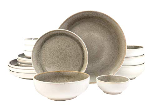 Sango Resona Moss 16-Piece Stoneware Dinnerware Set with Round Plates and Bowls, Green