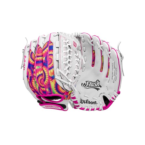 Wilson 2024 A440 Flash 12” Youth Outfield Fastpitch Softball Glove - Right Hand Throw, White/Pink/Tie Dye