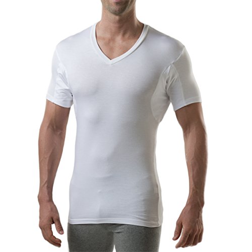 Men's Sweatproof Undershirt | Slim Fit V Neck T-Shirt with Underarm Sweat Pads | Aluminum-Free Alternative, White, XX-Large