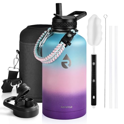 RAYMYLO Insulated Water Bottle 64 oz, Triple Wall Vacuum Stainless Steel (Cold for 48 Hrs), Leak Proof & BPA-Free, Half Gallon Water Flask Jug with Paracord Handle & Straw Spout Lids, Hydrangea